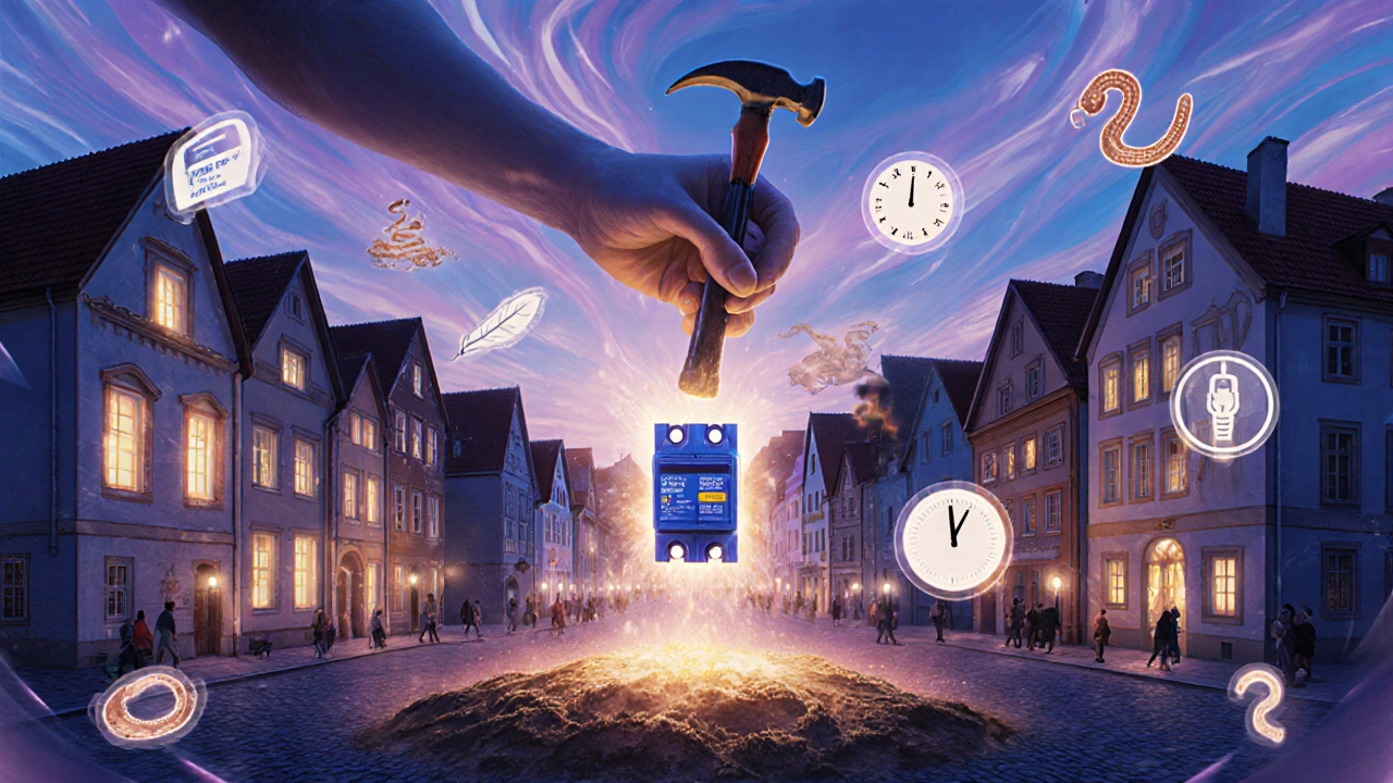 Eine geheimnisvolle Szene mit moderner Sicherheitstechnik, die in alte Gebäude integriert wird, im psychedelischen Posterstil.