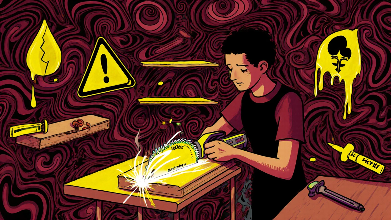 Eine Person schneidet Multiplex mit einem leuchtenden Sägeblatt, während andere Materialien in der Werkstatt unterschiedlich reagieren.