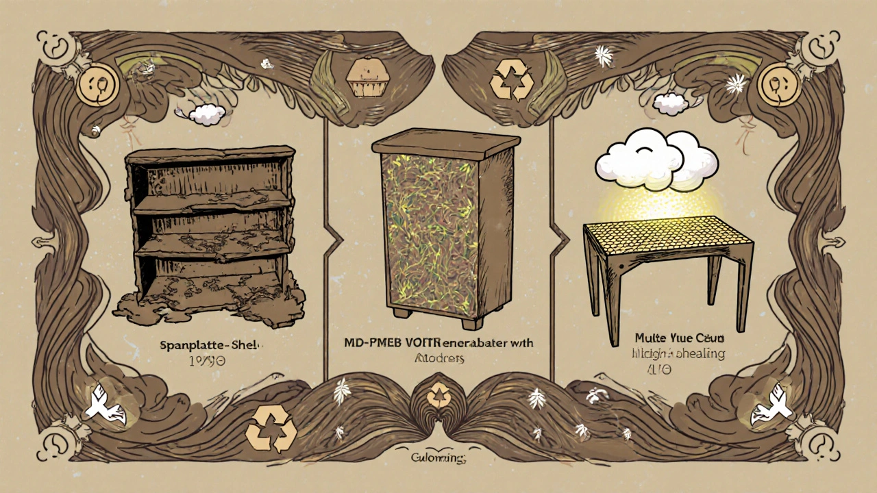 Eine Zeitleiste zeigt die Entwicklung von Holzplatten von 1990 bis zur Zukunft mit selbstheilenden Oberflächen und Recycling-Symbolen.