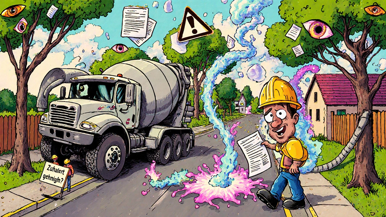 Enger Straßenzugang mit Betonlaster und verschwindendem Genehmigungsformular im psychedelischen Stil.