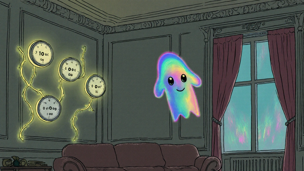 Flächenheizung als leuchtende Linien an Wänden eines historischen Raums, mit temperaturgeführten Symbolen und Wärmebildern in sanften Farben.