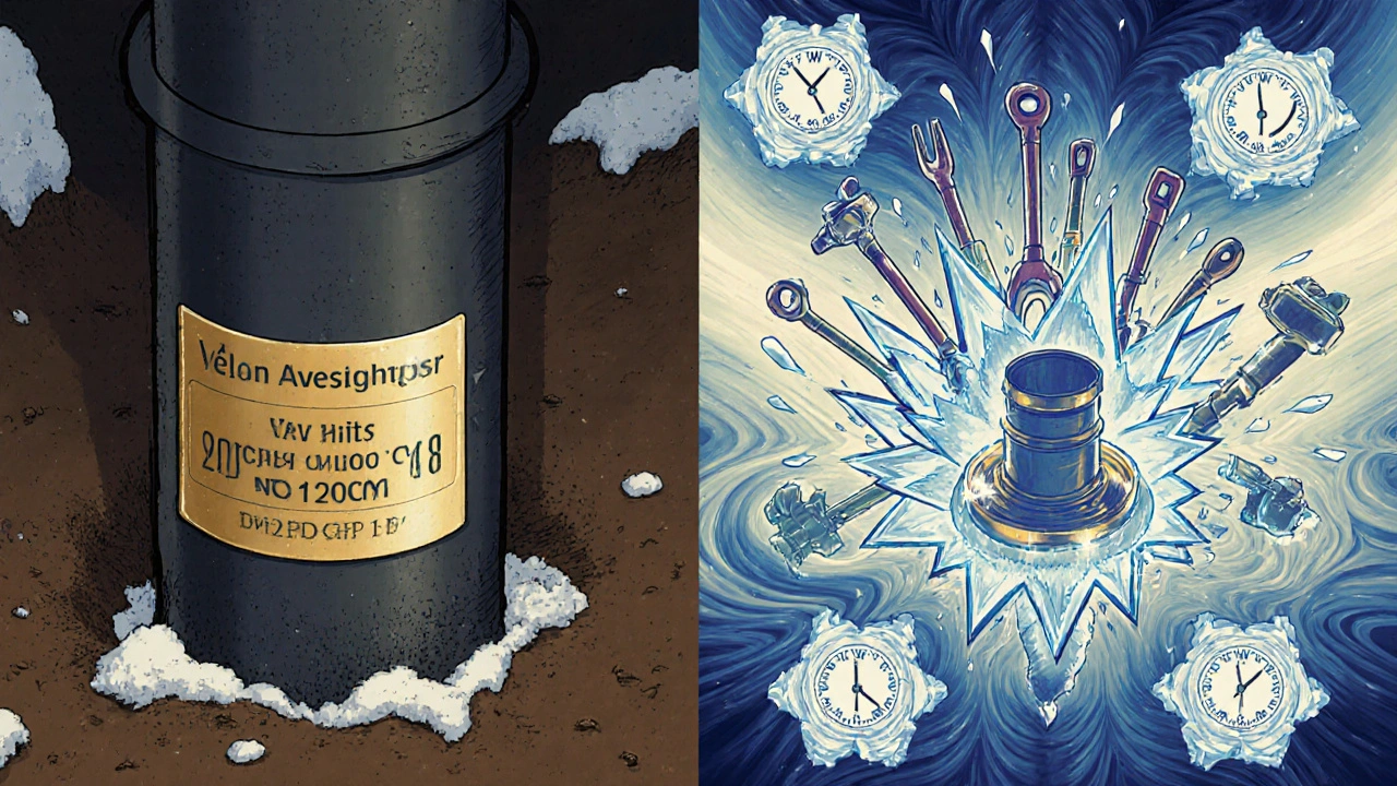 Gegrabene Wasserleitung in richtiger Tiefe neben einer zerbrochenen Leitung, umgeben von Isoliermaterialien und einem Kalender mit 15. November.