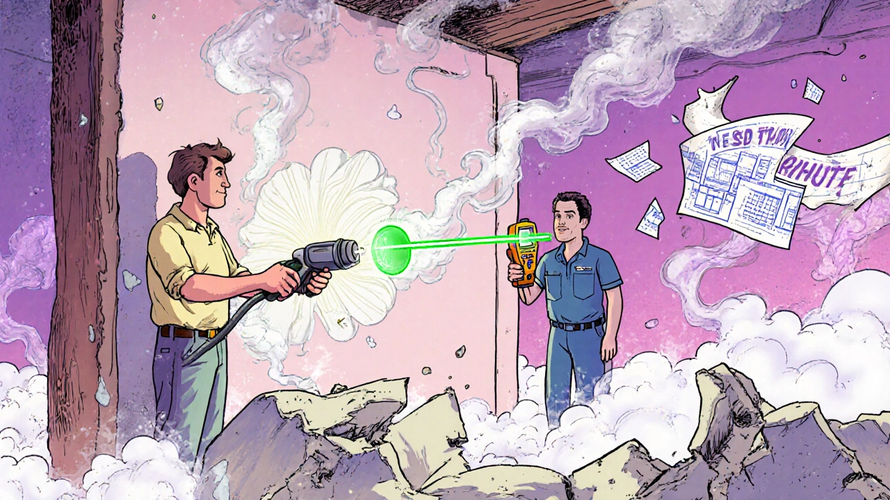 Hausbesitzer trocknet eine gereinigte Wand mit einem Gasbrenner, während ein Experte die Feuchtigkeit misst.