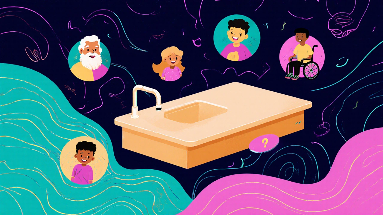 Höhenverstellbare Arbeitsplatte in Bewegung, umgeben von verschiedenen Nutzern in schwebenden Wellenmustern.