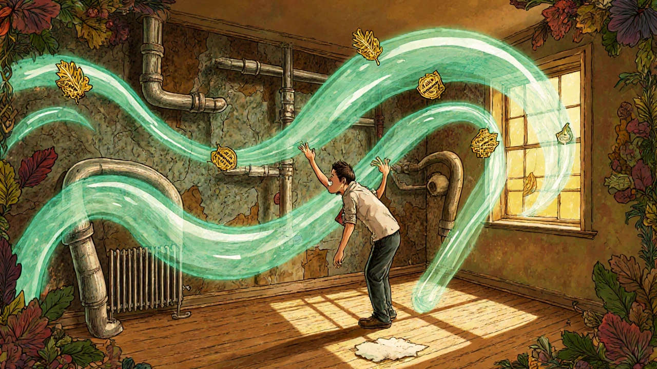 Innensanierung mit historischen Holzböden und fließenden, modernen Dämmmaterialien in psychedelischem Stil.