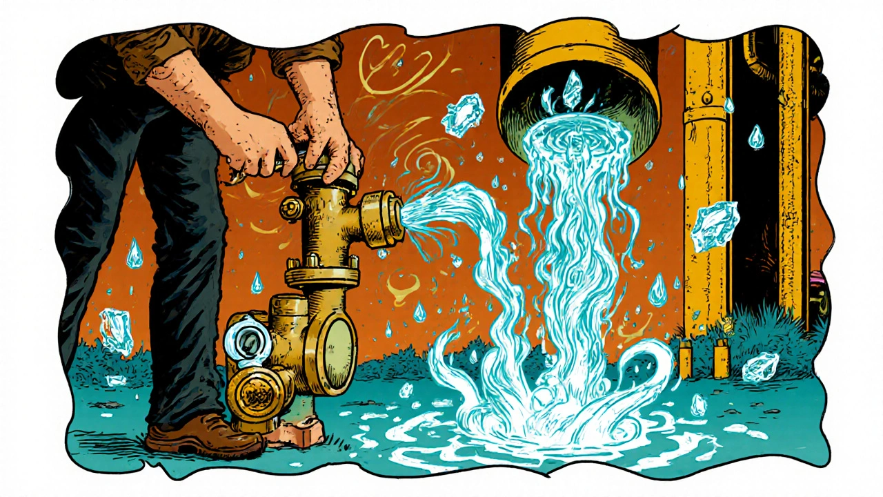 Mann dreht Hauptventil im Keller, während Druckluft durch eine Rohrleitung bläst, um Wasser zu entfernen.