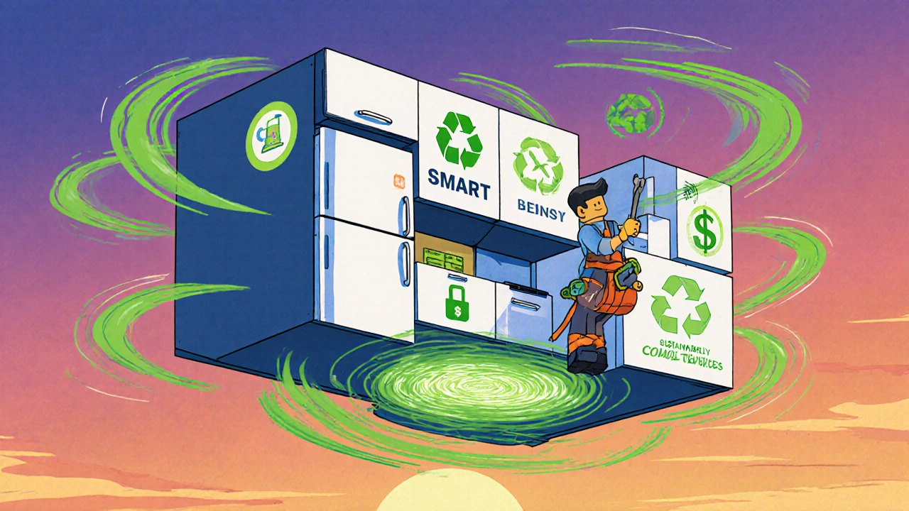 Modulare Küche wie LEGO-Teile in der Luft, eine Person setzt ein Teil ein, umgeben von grünen Energiewellen und Recycling-Symbolen.