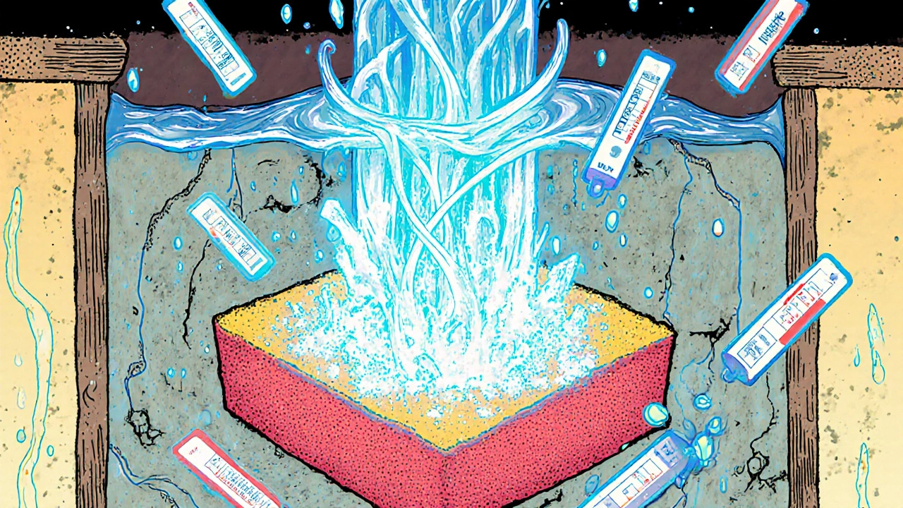 Querschnitt einer Kellerwand mit aufsteigender Feuchtigkeit und salzigen Kristallen, die von Teststreifen erkannt werden.