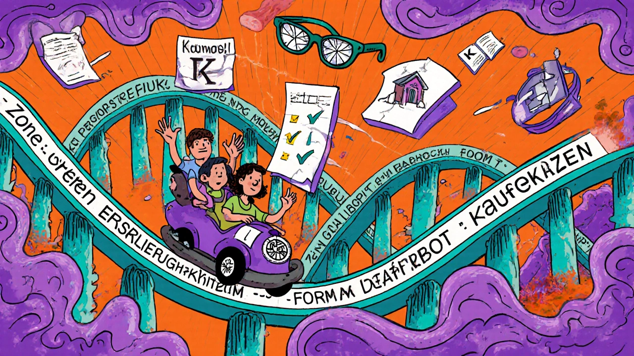 Sieben-Schritte-Rollercoaster, der Immobilienbewertung als bunte Achterbahn darstellt.