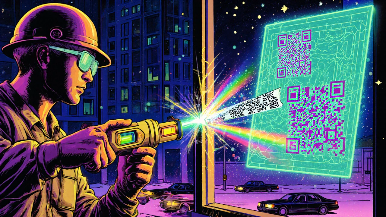 Techniker installiert selbstheilendes Dichtband mit Laser und digitalen QR-Codes bei Nacht.