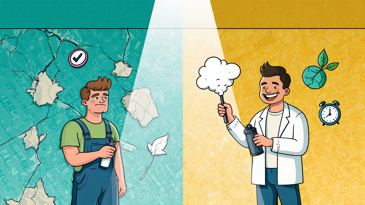 Vergleich: beschädigte Tapete links, saubere Wand rechts mit Dampf und Igelwalze, psychedelisch illustriert.