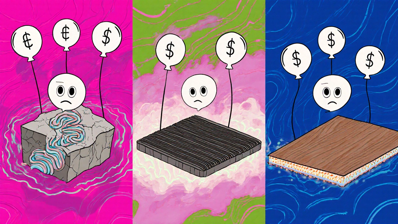 Vergleich der drei Fußbodenheizungssysteme mit schwebenden Preisschildern in bunten Wellen.
