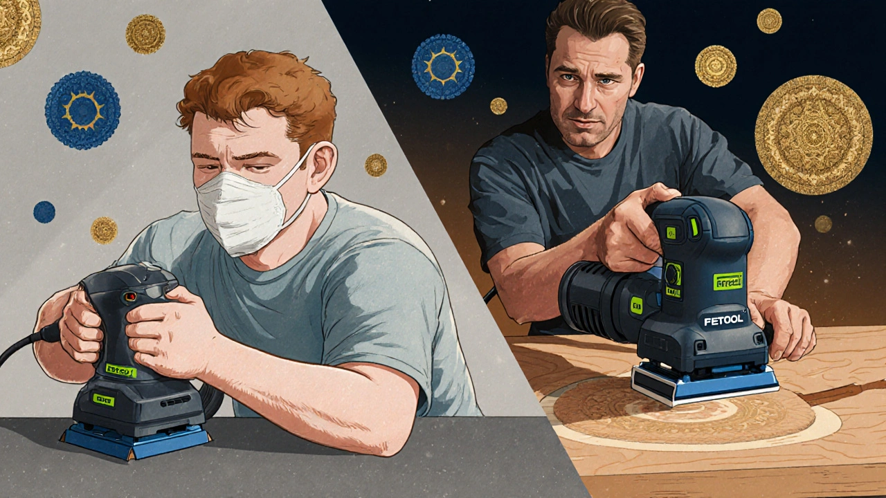 Vergleich zwischen einer schlechten Mietmaschine und einer professionellen Schleifmaschine mit guter Staubabsaugung.