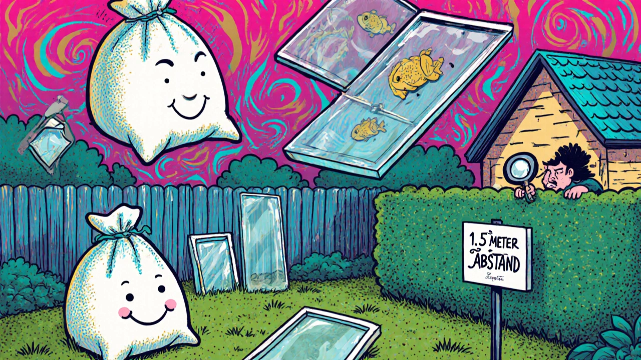 Wirre, bunte Lagerung von Baumaterialien mit Nachbar und Abstandsregel in psychedelischem Stil.