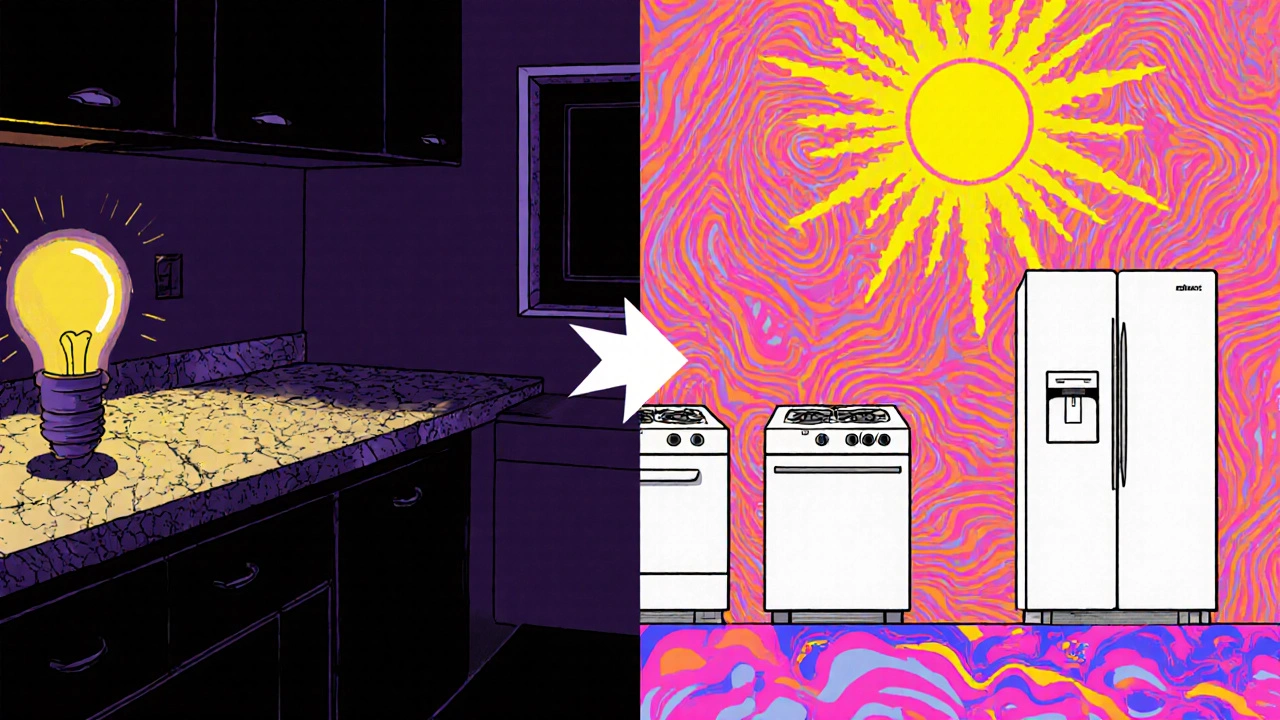 Zwei Seiten einer Küche: alt und veraltet vs. modern und energieeffizient, dargestellt in wellenförmigen, psychedelischen Mustern.