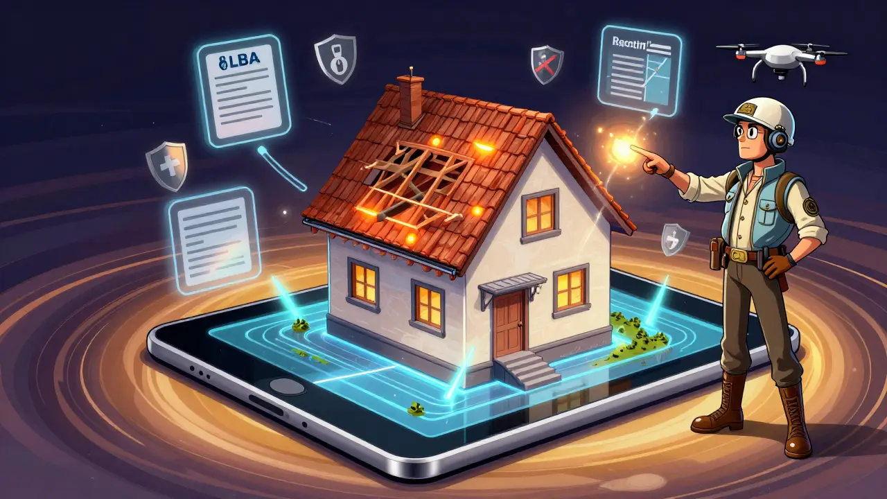 3D-Dachmodell mit verborgenen Feuchtigkeitsstellen, dargestellt als holografische Darstellung auf einem Tablet.