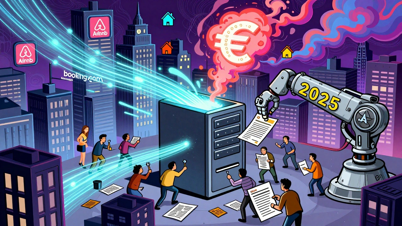 Digitales Stadtbild mit Datenströmen von Vermietungsplattformen, die ins Finanzamt fließen, während Vermieter versuchen, rechtzeitig zu reagieren.