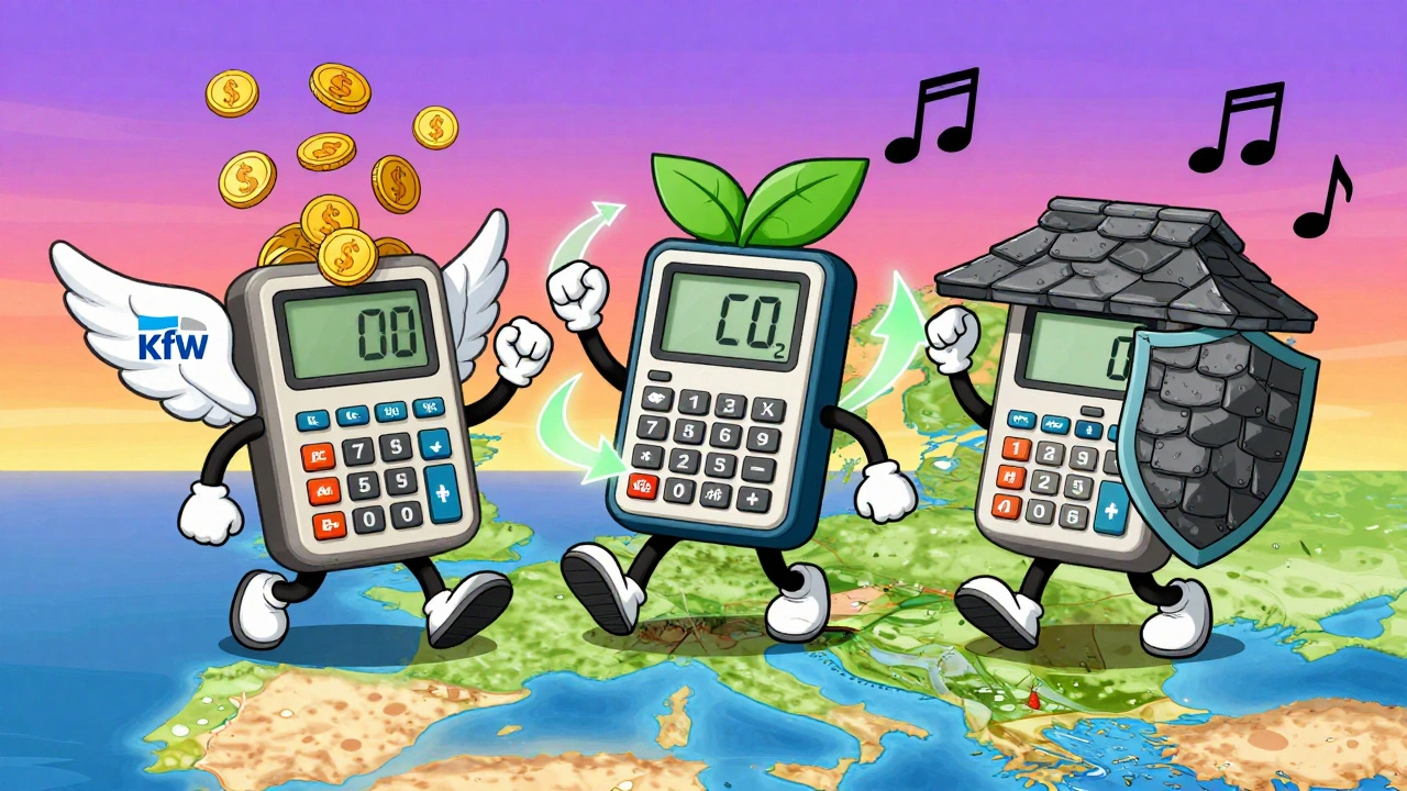 Drei bunte, charakterisierte Sanierungsrechner auf einer deutschen Landkarte mit Preis- und Energiezeichen.