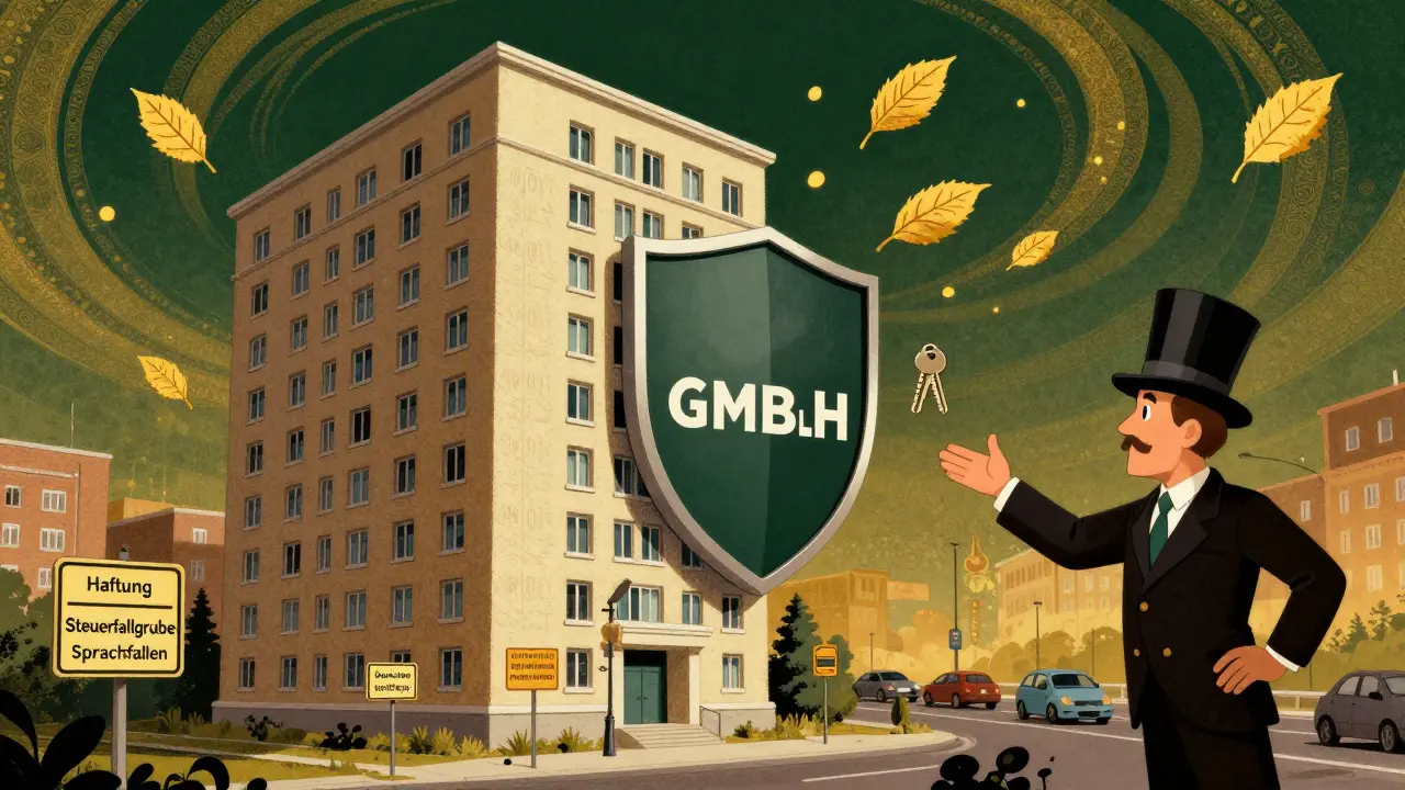 Ein Apartmentgebäude mit zwei Seiten: eine mit Warnungen, eine mit einem GmbH-Schild und steuerlichen Vorteilen als goldene Blätter.