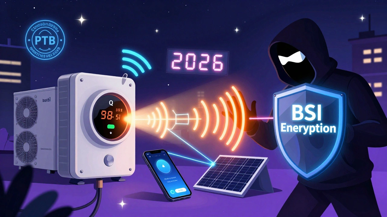 Ein digitaler Wärmemengenzähler sendet Daten an ein Smartphone und ein Heizsystem, während ein Hacker von einer Verschlüsselung abgewehrt wird.