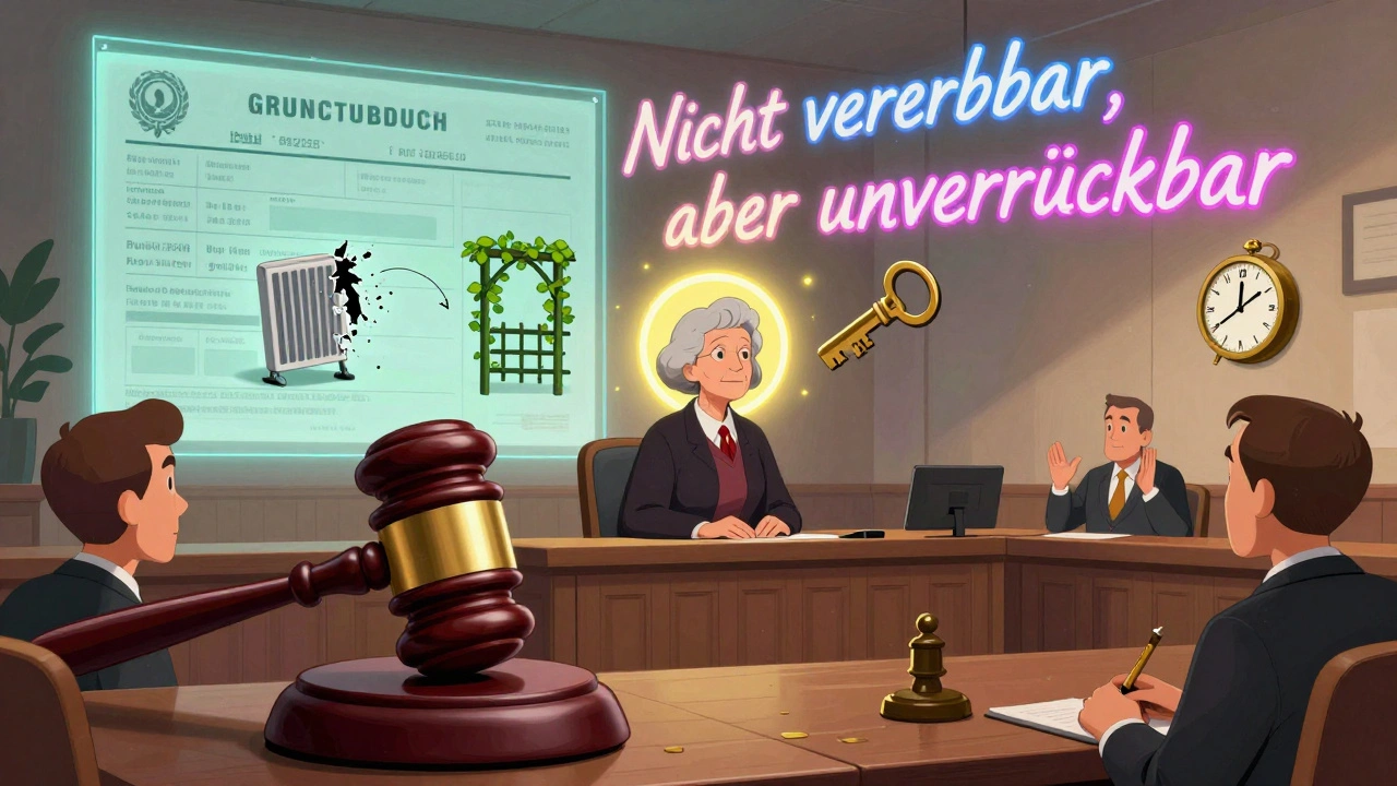 Ein Gerichtssaal mit einem Schlüssel als Richterhammer, wo ein Wohnrecht durch leuchtende Symbole und einen Grundbucheintrag geschützt wird.