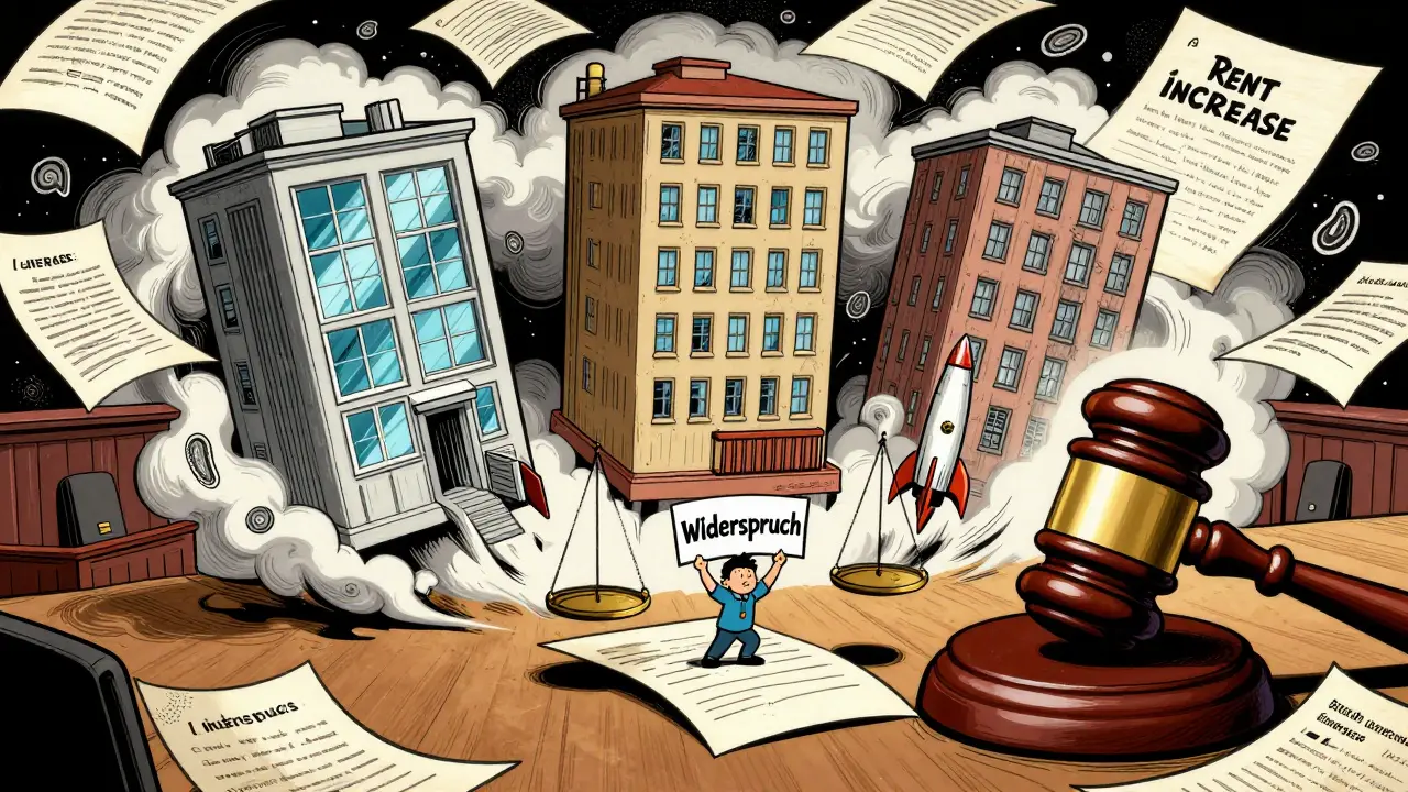 Ein Gerichtssaal mit vergleichbaren Wohnungen als Waagschalen, ein Mieter hält einen Widerspruchsschild.