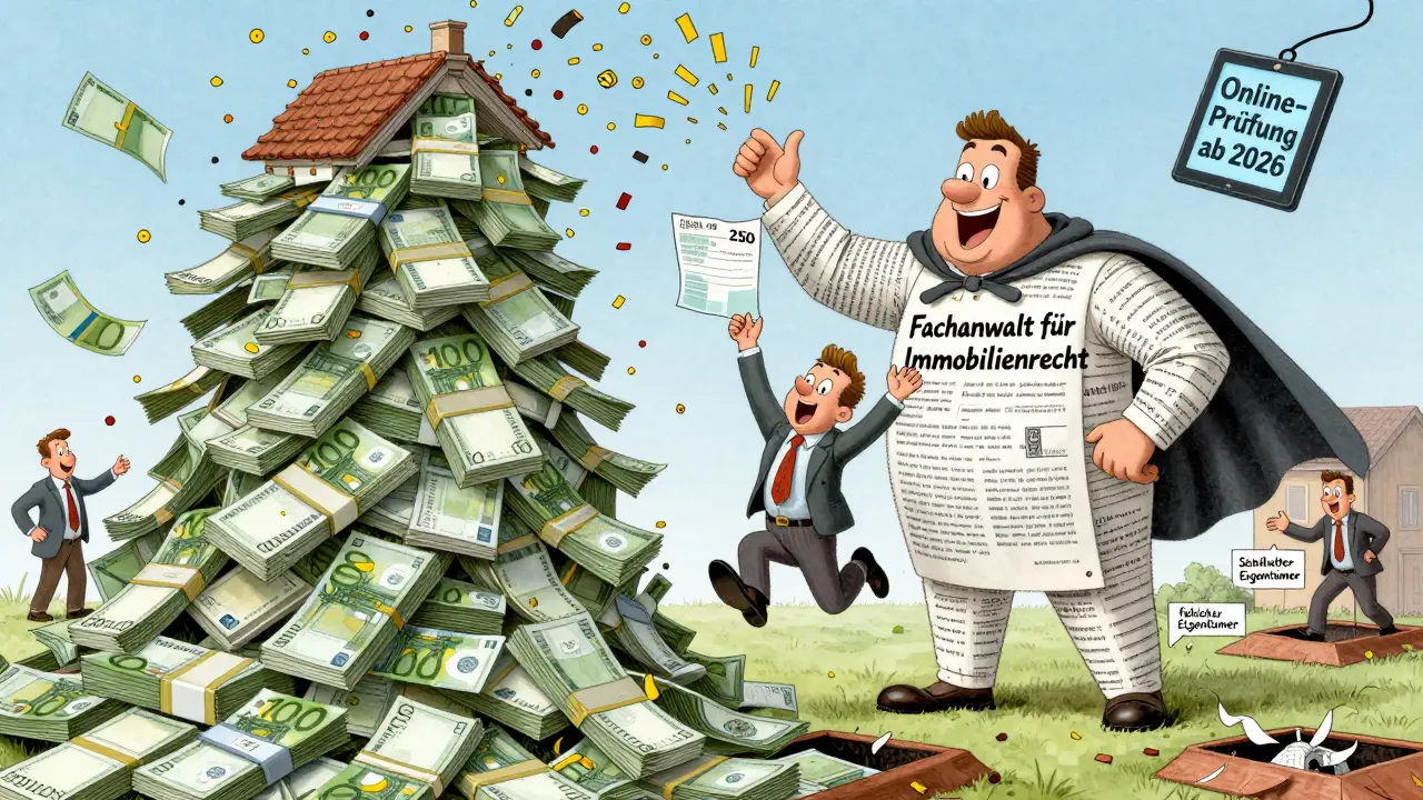 Ein Hausbesitzer feiert, während eine Rechnung von 250€ eine Explosion von Geldscheinen auslöst.