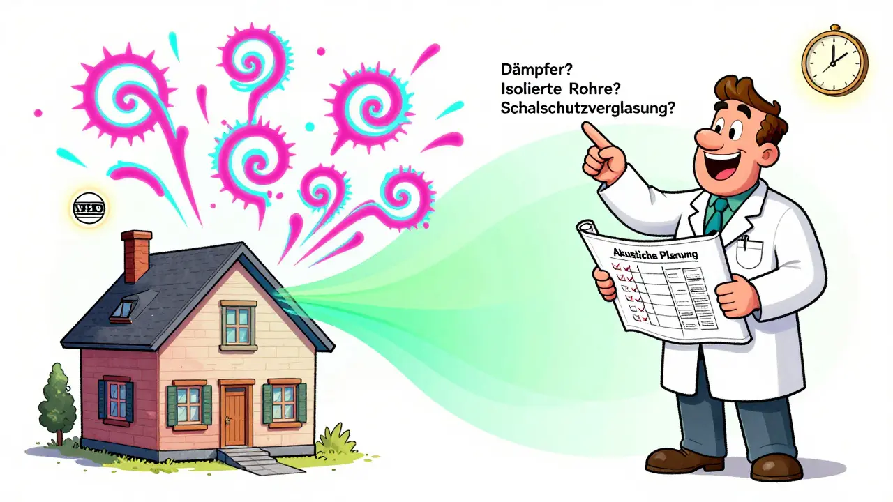 Ein Hausbesitzer prüft eine akustische Checkliste, während lästige Geräusche in bunte Wellen verwandelt und abgefangen werden.