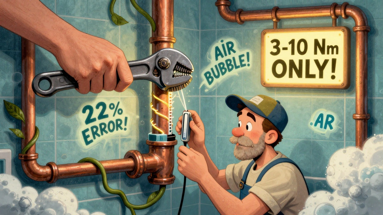 Ein Hausbesitzer setzt einen Temperatursensor genau 15 mm tief ein, während ein riesiger Drehmomentschlüssel mit Warnhinweisen schwebt.