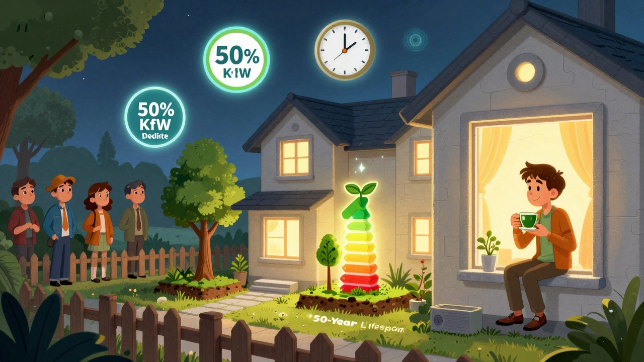 Ein saniertes Haus mit Förderungssymbolen und einer 50-Jahres-Lebensdauer, umgeben von neidischen Nachbarn.