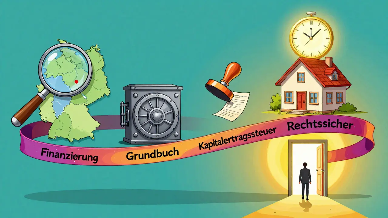 Ein spiralförmiger Zeitplan des Immobilienkaufs in Deutschland mit Schlüsselphasen als psychedelische Bänder und Symbole.