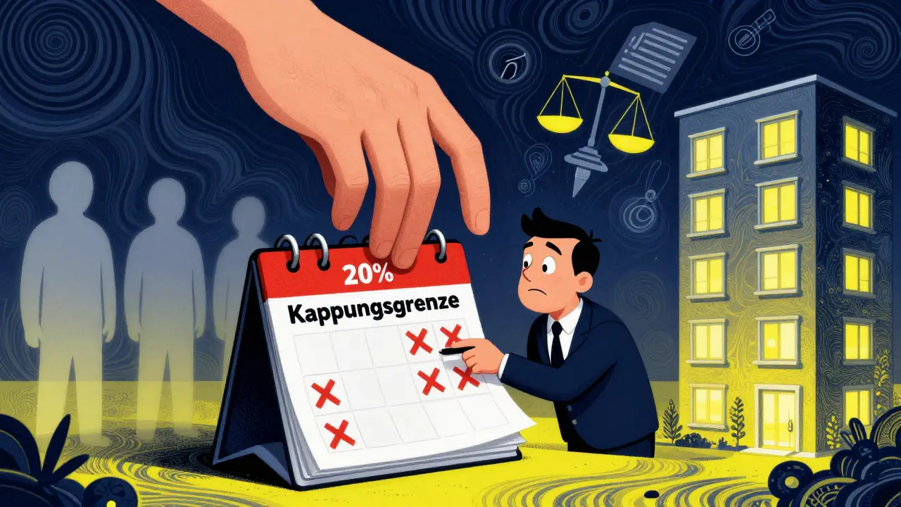 Ein Vermieter prüft einen Dreijahreskalender, während eine riesige Kappungsgrenze von oben drückt.