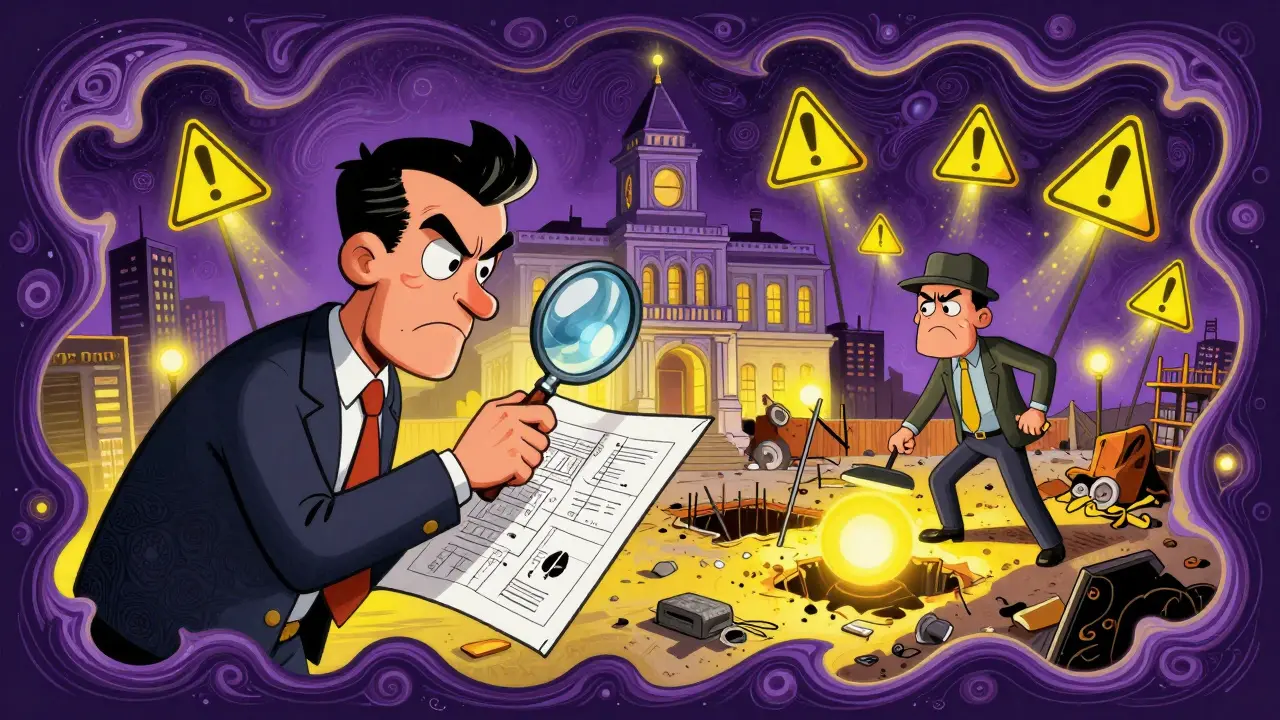 Eine chaotische Baustelle mit unsicheren Gruben und einem strengen Amtsträger, der den Plan prüft.
