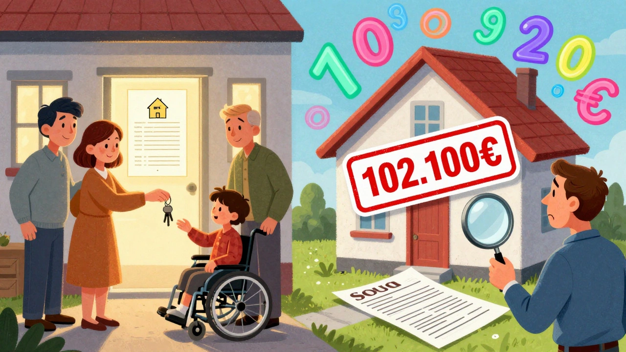 Eine Familie übergibt Schlüssel an ein behindertes Kind, während ein Käufer einen großen Preisrabatt auf einem Haus sieht.