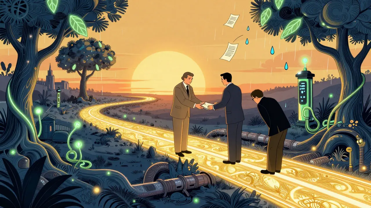 Eine feierliche Übergabe einer lebendigen Erschließungsanlage mit grünen Lichtern und Regentropfen als Dokumente.