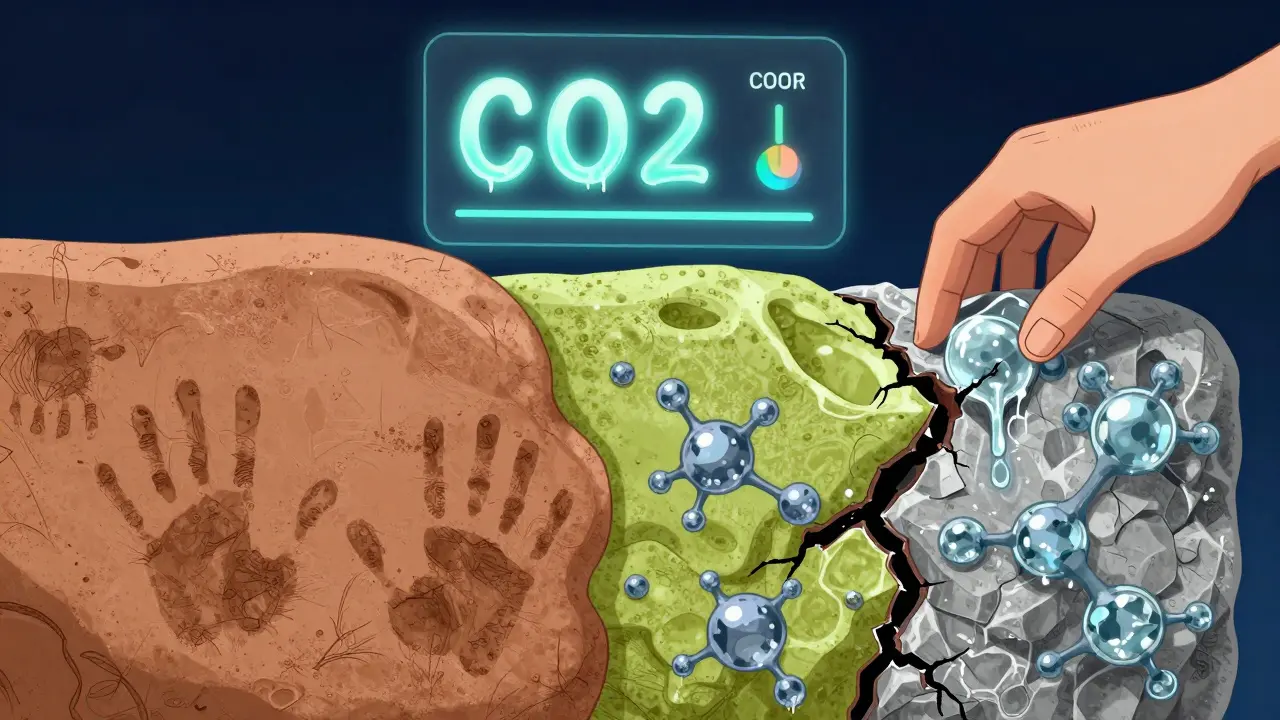 Eine hybride Wand aus Lehm und Kalk mit digitalen Sensordaten, die Feuchtigkeit und Temperatur in biegsamen Formen zeigt.