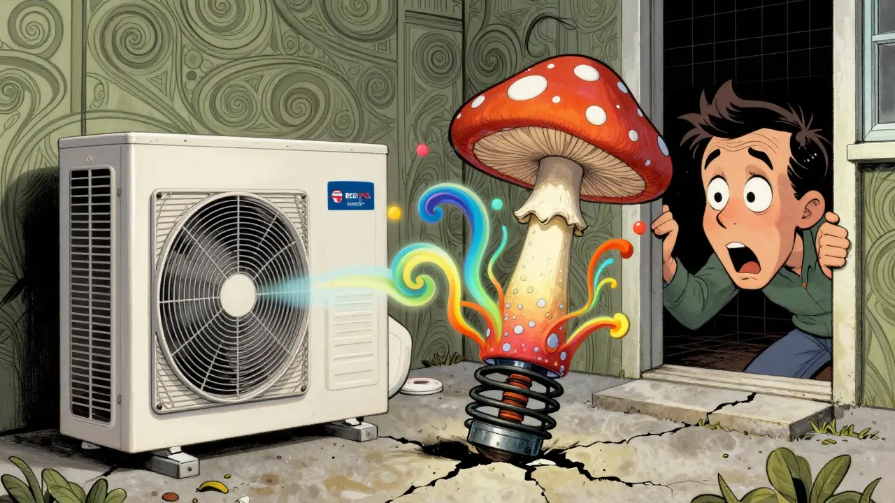 Eine Wärmepumpe schwebt auf bunten Dämpfern, während schwingende Schallwellen in biegsamen, psychedelischen Linien absorbiert werden.