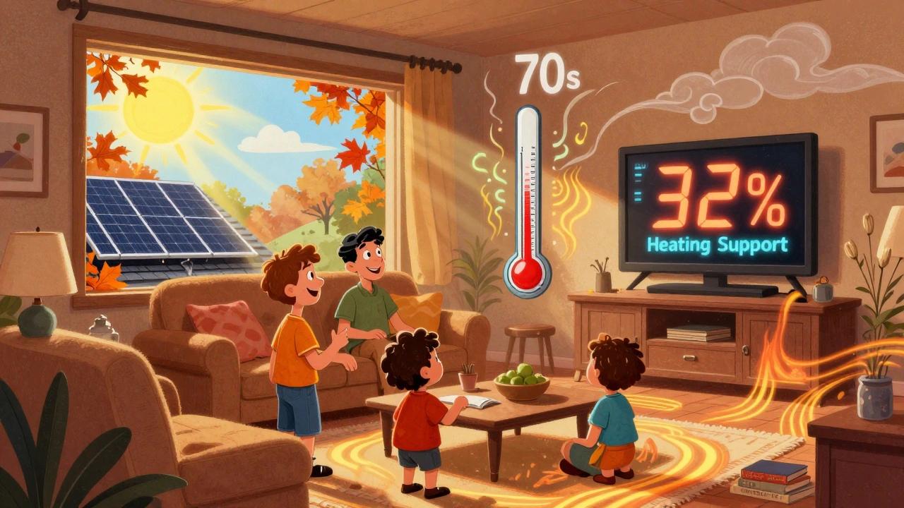 Familie beobachtet Solarthermie-Display, Sonnenstrahlen fließen zu Kollektoren auf dem Dach in psychedelischem Stil.