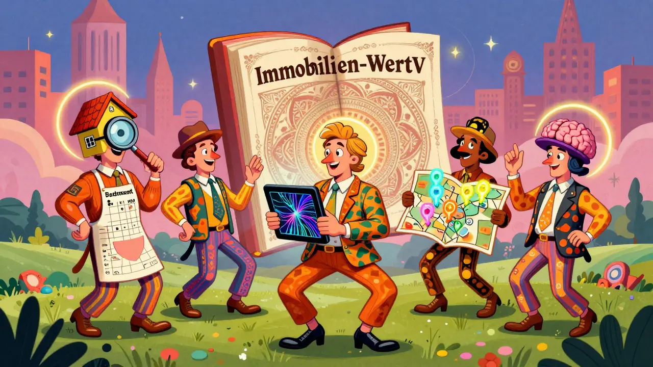 Fünf psychedelisch stylisierte Gutachter tanzen um ein Gesetzesbuch mit fractalen Datenwellen und Neonhalos.