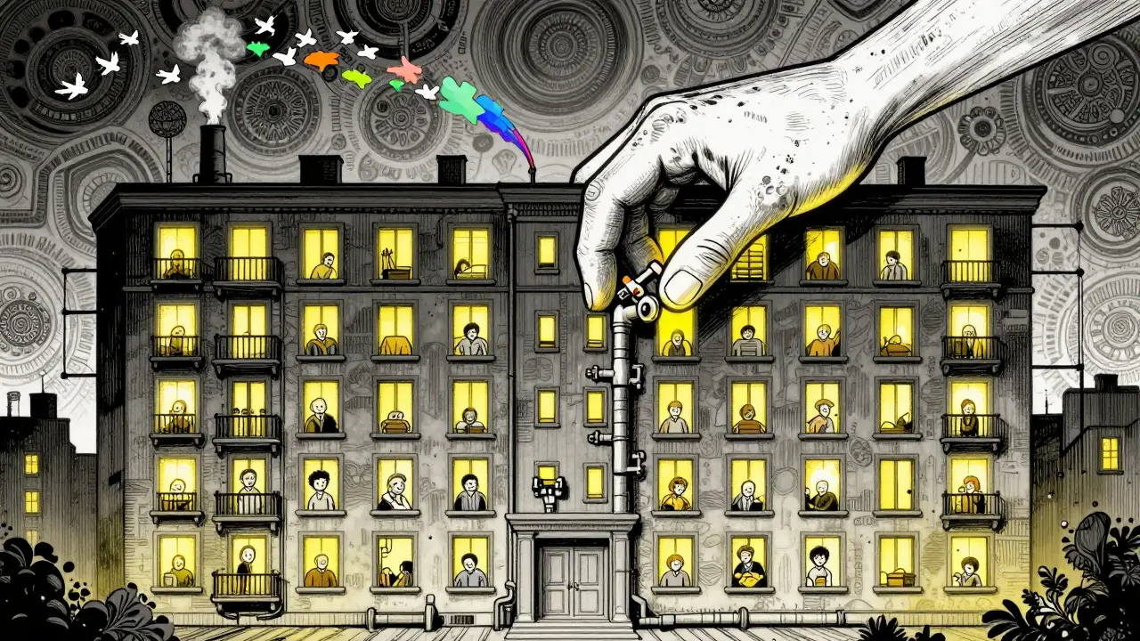 Gebäude mit vielen Wohnungen, unsichtbare Hand reguliert Heizungsventile, Bewohner in wohligen, gleichmäßig warmen Räumen.