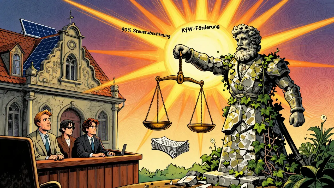 Gerichtsszene mit einem Eigentümer, der Steuervorteile und Fördergelder gegen Bürokratie verteidigt.