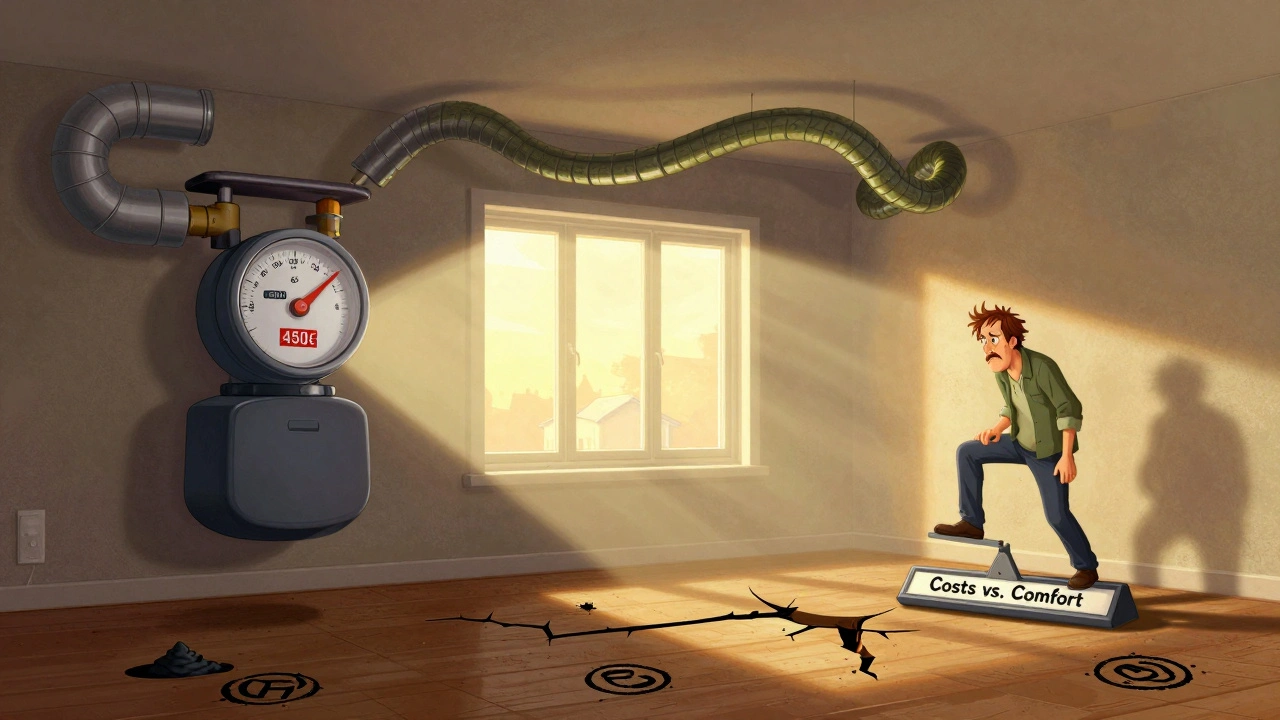 Innenaufnahme eines halb sanierten Hauses mit schwebenden Heizkosten- und Lüftungselementen.