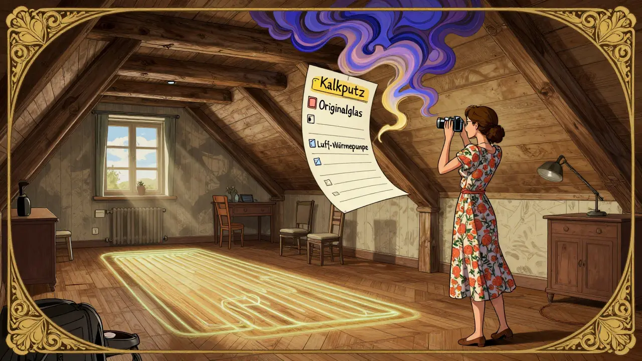 Innenausbau eines Denkmalhauses mit unsichtbarer Fußbodenheizung und einem schwebenden Genehmigungs-Checklist.