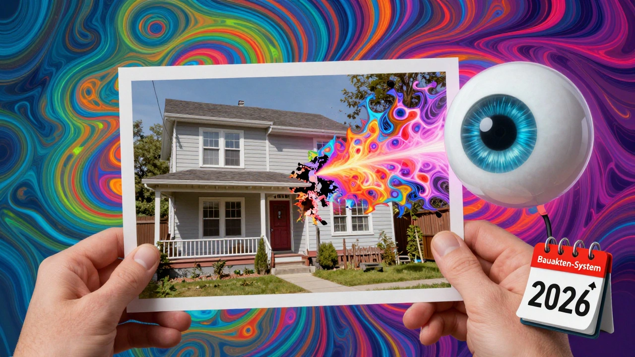 KI-Eye analysiert ein Hausfoto und enthüllt verborgene Schäden wie Asbest und Wasserschäden in bunten Fraktalen.