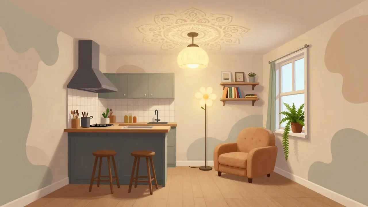 Kleinräumiger Lesewinkel mit Sessel, Blumenlampe und Bücherregal in einem offenen Wohn-Esszimmer, umgeben von beruhigenden, wellenförmigen Mustern.