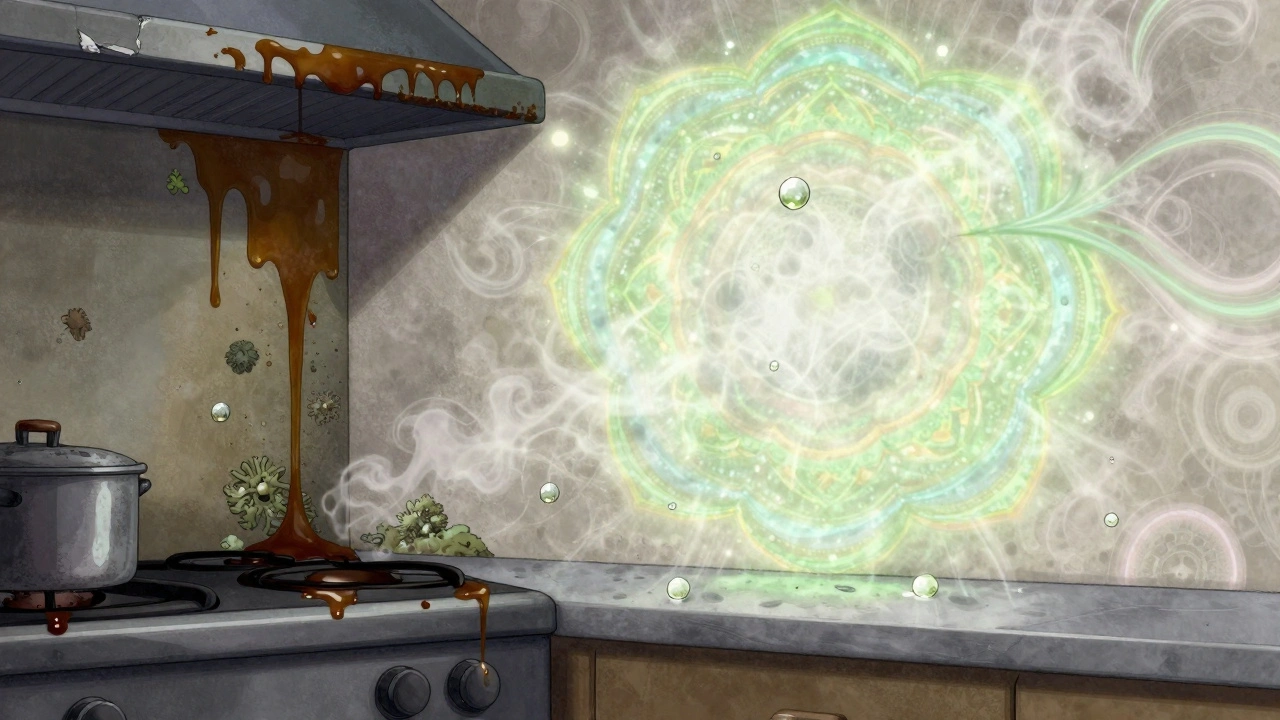 Küchenwand mit fettigen Flecken auf der einen Seite, glänzende, schimmelhemmende Silikatfarbe auf der anderen.