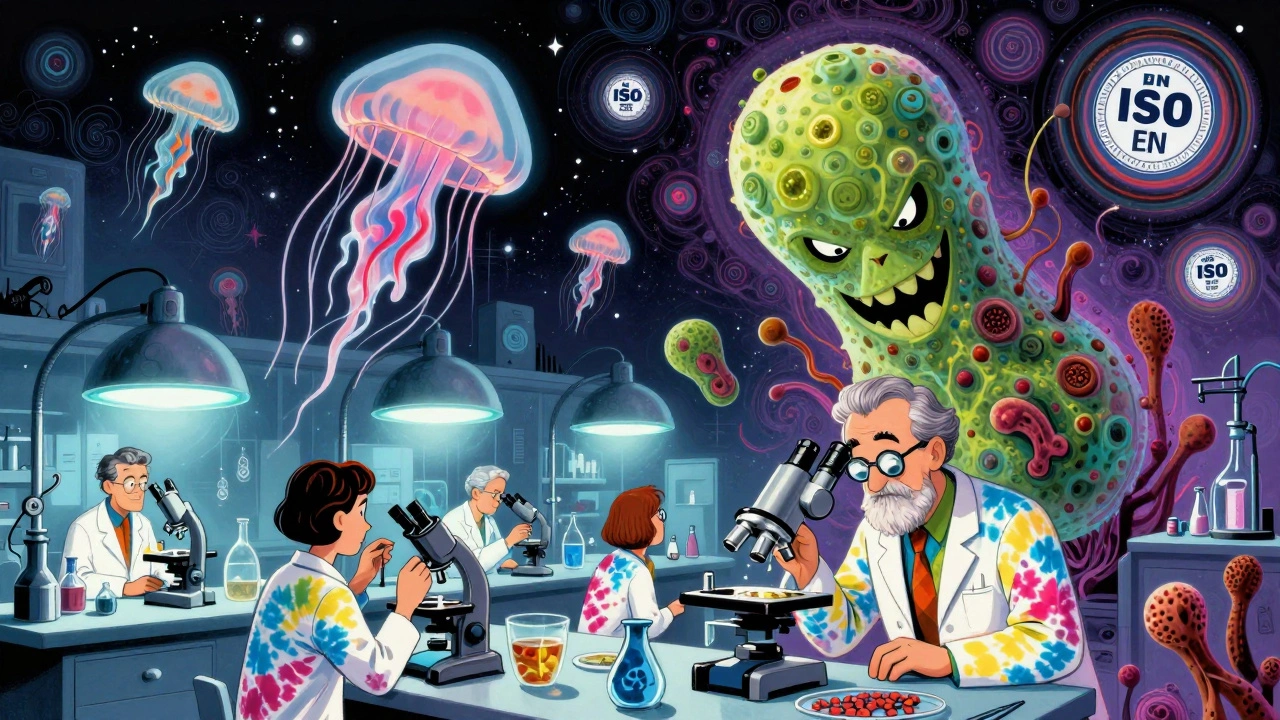 Labor mit vergrößerten Schimmelpilzsporen, die wie kosmische Wesen schweben, Techniker in psychedelischen Laborkleidern.