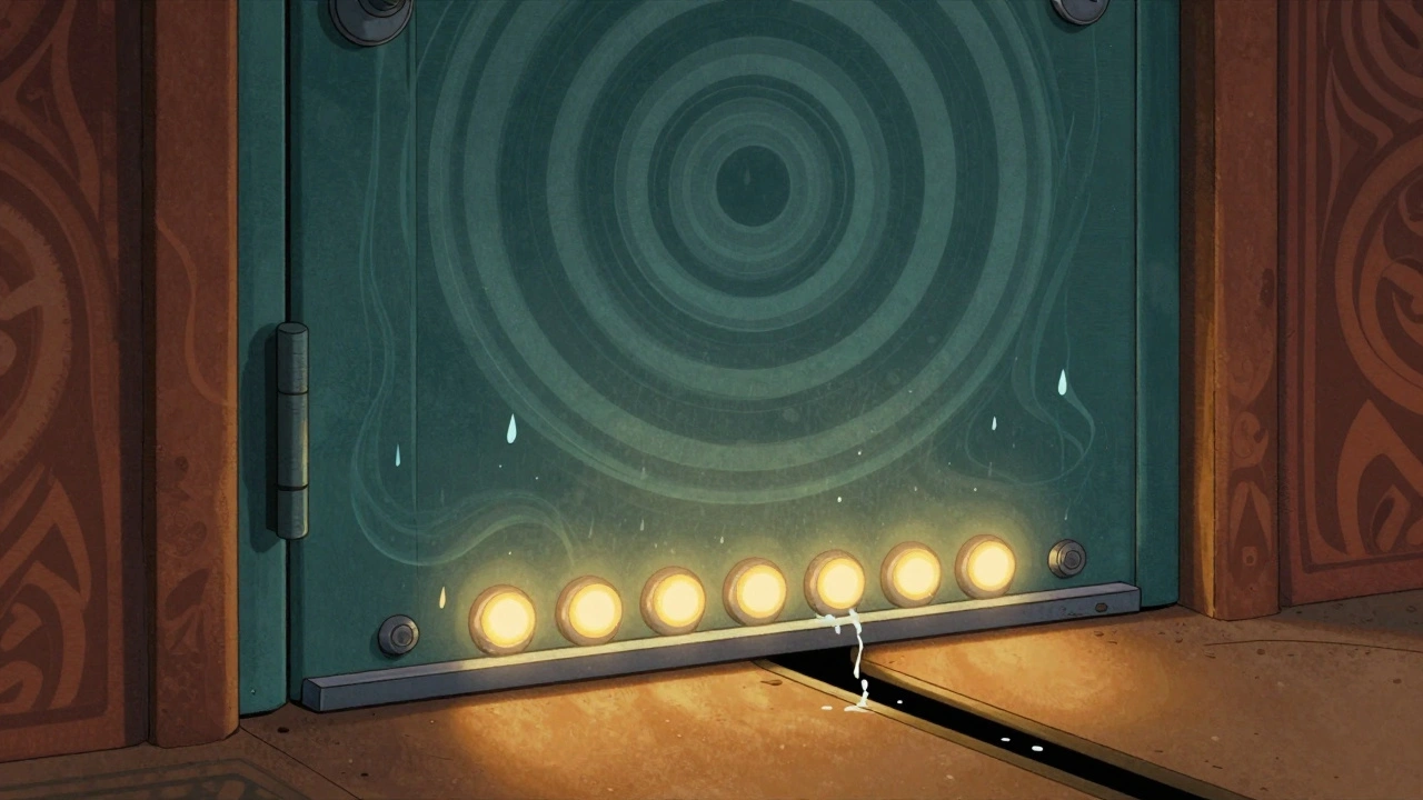 Nahaufnahme einer magnetischen Türdichtung mit fließenden Wellen und ablaufendem Regenwasser.