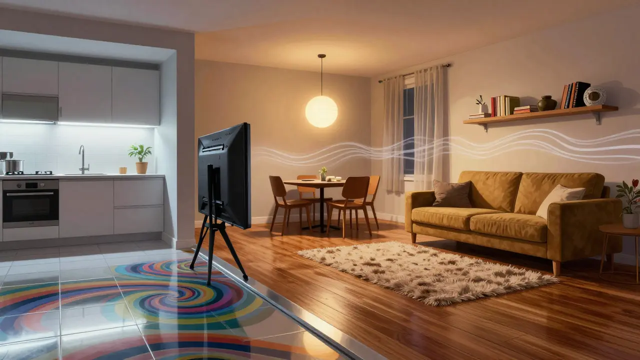 Psychedelische Darstellung eines offenen Raums mit Bodenübergang, drehbarem Fernseher und drei Lichtzonen, akustisch gedämpft durch Textilien.