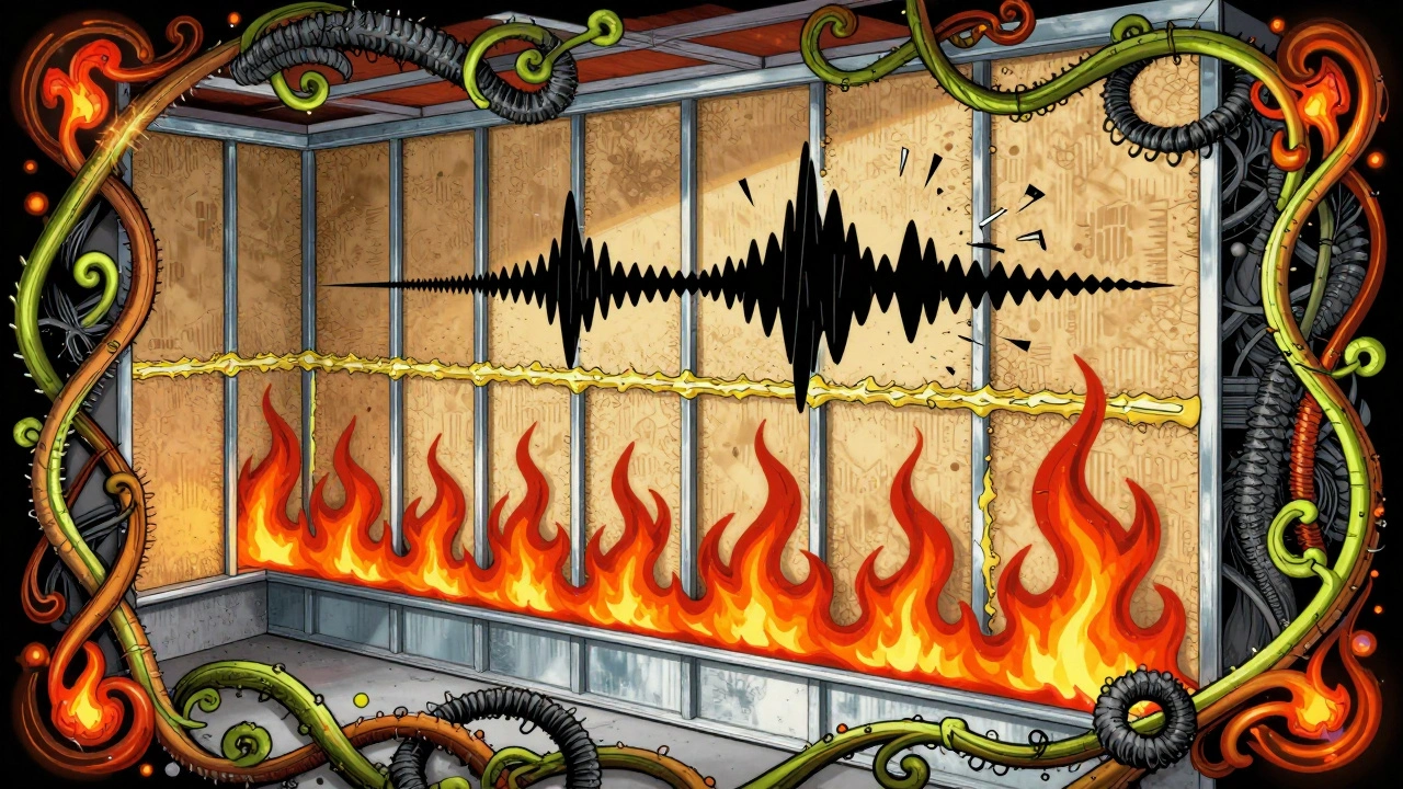 Querschnitt einer brandschutzsicheren Trockenbauwand mit Feuerbarriere und dichtenden Fugen in psychedelischem Stil.